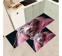 MGDIFYXAA Alfombra de Cocina Dibujos Animados Antideslizantes 4 Piezas -Suaves Alfombrillas de Cocina Lavables Animales de Leopardo Rosa para Suelo, para Lavadero y Pasillo 50×80cm+50×150cm