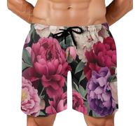 MGDIFYXAA Bañador Hombre Estampado Acuarela Short de Playa Surf Secado Rapido Pantalones Cortos Peonía de Color Rojo púrpura Traje de Baño con Bolsillo y Forro de Malla Swimming Shorts S