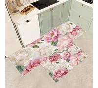 MGDIFYXAA Juego de 2 Alfombra Cocina Lavable Antideslizante - Tapete Cozinha Flores de Acuarela Absorción de Agua Ideal para Alfombras de Pasillo y Cocina,Peonía Rosa pálido
