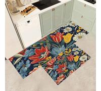 MGDIFYXAA Juego de alfombras de Cocina Plantas con Flores - 2 Piezas Alfombras de pie Tulipanes y Margaritas Lavables Antideslizantes de Microfibra para el Suelo de Cocina 43×75cm+43×150cm