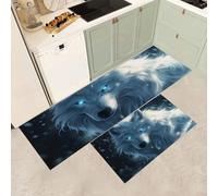 MGDIFYXAA Juegos de Alfombras de Cocina Antideslizantes Lavables,2 Piezas Alfombras de Cocina Animal Corredor para Oficina, Escritorio de Pie,43×75cm+43×120cm,Lobo Blanco