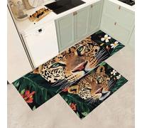 MGDIFYXAA Juegos de Alfombras de Cocina Antideslizantes Lavables,2 Piezas Alfombras de Cocina Plantas Tropicales Corredor para Oficina, Escritorio de Pie,40×60cm+40×120cm,Flores de Leopardo