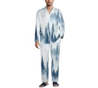 MGDIFYXAA Pijama Azul Blanco para Hombre Algodón Manga Larga Tops Pijama con Botones Pantalones con Bolsillo Conjunto de Noche Bosque de pinos con Niebla de Acuarela Cálido y Transpirable XXL
