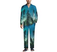 MGDIFYXAA Pijama Verde para Hombre Algodón Manga Larga Tops Pijama con Botones Pantalones con Bolsillo Conjunto de Noche Bosque Cielo Estrellado Cálido y Transpirable XL
