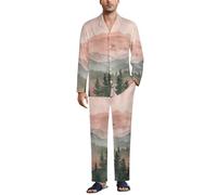MGDIFYXAA Pijamas Rosa para Hombre Cómodo Ropa de Dormir Largo Suave Conjunto de Algodón Hombre Pijamas Texturas de montaña y Bosque Manga Larga Botones y Pantalones Cintura Elástica Cordón XL