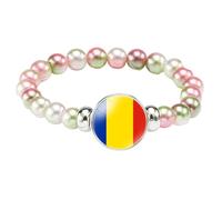 MGDIFYXAA Pulsera Con La Bandera De Rumania, Hecha A Mano, Con Cuentas De Cuerda Elástica, Ideal Como Recuerdo De Viaje Patriótico, Joyería Para Hombres Y Mujeres, Color Rosa Y Verde, 18 Cm.