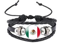 MGDIFYXAA Pulsera Trenzada Con La Bandera De México, Ajustable, De Cuero Y Cuentas, Para Hombre Y Mujer, Color Negro, 19 Mm