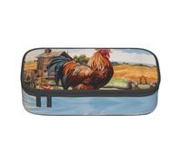 MGGAklp Estuche con estampado de gallo en madera agrícola con doble cremallera, estuche portátil para suministros escolares y de oficina