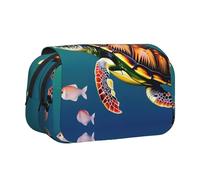 MGGAklp Estuche doble con estampado de tortuga marina con peces y doble cremallera, portátil para suministros escolares y de oficina