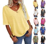MGHN Tranquilm Women's Solid Color V-Neck T-Shirt, Summer Casual V-Neck Blouse, Comfy Loose Women's Fashion Pullover Tops(Yellow,XL)