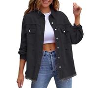 MGizo DtiSpectrum Chaqueta Vaquera Rasgada para Mujer - Chaqueta Vaquera Holgada y Desgastada Estilo Boyfriend con Manga Larga, Chaqueta Vaquera Rota Estilo Camionero con Botón de Metal