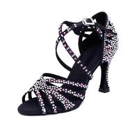 MGM-Joymod Sandalias de Baile Moderno Latino con Correa Cruzada para Mujer con Diamantes de Imitación de Tango Social Bailes,Negro 9cm Tacón,42 EU