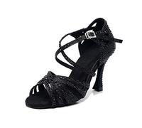 MGM-Joymod Sandalias de Baile Moderno Latino con Correa Cruzada para Mujer con Diamantes de Imitación de Tango Social Bailes,Negro Oscuro 9cm Tacón,36.5 EU