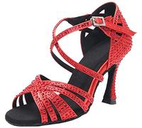 MGM-Joymod Sandalias de Baile Moderno Latino con Correa Cruzada para Mujer con Diamantes de Imitación de Tango Social Bailes,Rojo Oscuro 9cm Tacón,39 EU