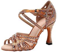MGM-Joymod Sandalias de Baile Moderno Latino con Correa Cruzada para Mujer con Diamantes de Imitación de Tango Social Bailes,Marrón A 9cm Tacón,41 EU