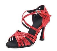MGM-Joymod Sandalias de Baile Moderno Latino con Correa Cruzada para Mujer con Diamantes de Imitación de Tango Social Bailes,Rojo Oscuro 9cm Tacón,40 EU