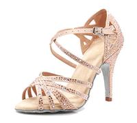 MGM-Joymod Sandalias de Baile Moderno Latino con Correa Cruzada para Mujer con Diamantes de Imitación de Tango Social Bailes,Beige 10cm Tacón,34 EU