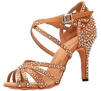 MGM-Joymod Sandalias de Baile Moderno Latino con Correa Cruzada para Mujer con Diamantes de Imitación de Tango Social Bailes,Marrón 8.5cm Tacón,34.5 EU