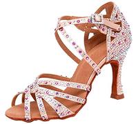MGM-Joymod Sandalias de Baile Moderno Latino con Correa Cruzada para Mujer con Diamantes de Imitación de Tango Social Bailes,Rosa 9cm Tacón,40 EU