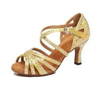 MGM-Joymod Sandalias de Baile Moderno Latino con Correa Cruzada para Mujer con Diamantes de Imitación de Tango Social Bailes,Amarillo 7.5cm Tacón,39 EU