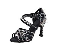 MGM-Joymod Sandalias de Baile Moderno Latino con Correa Cruzada para Mujer con Diamantes de Imitación de Tango Social Bailes,Negro A 9cm Tacón,35 EU