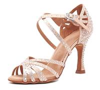 MGM-Joymod Sandalias de Baile Moderno Latino con Correa Cruzada para Mujer con Diamantes de Imitación de Tango Social Bailes,Skin 9cm Tacón,38.5 EU