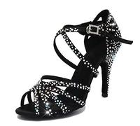 MGM-Joymod Sandalias de Baile Moderno Latino con Correa Cruzada para Mujer con Diamantes de Imitación de Tango Social Bailes,Negro 10cm Tacón,38.5 EU