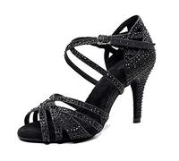 MGM-Joymod Sandalias de Baile Moderno Latino con Correa Cruzada para Mujer con Diamantes de Imitación de Tango Social Bailes,Negro Oscuro 8.5cm Tacón,36 EU