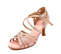 MGM-Joymod Sandalias de Baile Moderno Latino con Correa Cruzada para Mujer con Diamantes de Imitación de Tango Social Bailes,Beige 7.5cm Tacón,39 EU