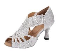 MGM-Joymod Zapatos de baile latino modernos con diamantes de imitación para mujer, sandalias de boda, Tacón plateado de 7 5 cm, 39 EU