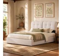 MGMYM Cama 160x200 cm con Canapé Abatible Hidráulico y LED 7 Colores, Cama de Matrimonio Tapizada Beige, Cabecero Acolchado, Terciopelo Suave, Somier de Láminas, Gran Almacenaje, Sin Colchón
