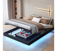 MGMYM Cama acolchada de 160 x 200 cm, estructura de cama suspendida con iluminación LED y estación de carga, cama de matrimonio con almacenamiento, material PU (negro, 160 x 200 cm)