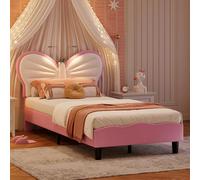 MGMYM Cama infantil acolchada 90 x 200 cm con LED, cama de niña con cabecera ajustable en altura, camas princesas, somier de láminas, marco de camas de plataforma (I Rose, 90 x 200 cm)