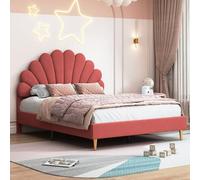 MGMYM Cama infantil de 140 x 200 cm, marco de cama individual con somier de láminas y respaldo, cama para niña con cabecero en forma de flor, estructura de cama, tela de terciopelo, sin colchón