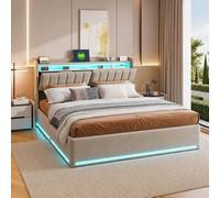MGMYM Cama Tapizada 140x190 cm con Canapé Abatible, LED RGB, USB y Tipo C, Cama de Matrimonio con Cabecero Alto con Almacenaje, Somier de Láminas, Gris de Terciopelo, sin Colchón
