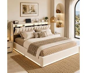 MGMYM Cama Tapizada 140x200 cm con Canapé Abatible, LED RGB, USB y Tipo C, Cama de Matrimonio con Cabecero Alto con Almacenaje, Somier de Láminas, Beige de Terciopelo, sin Colchón