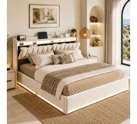 MGMYM Cama Tapizada 160x200 cm con Canapé Abatible, LED RGB, USB y Tipo C, Cama de Matrimonio con Cabecero Alto con Almacenaje, Somier de Láminas, Beige de Terciopelo, sin Colchón