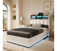 MGMYM Cama Tapizada 90x200 cm con Canapé Abatible, LED RGB, USB y USB-C, Cama Individual con Cabecero Alto con Almacenaje, Somier de Láminas, Beige de Terciopelo, sin Colchón