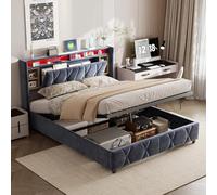 MGMYM Marco de cama doble de 160 x 200 cm, con tomas de corriente, puertos USB, tira de LED y estantes de cabecero bicapa, cama de almacenamiento tapizada para dormitorio, sin colchón (D, 140 x 200 cm