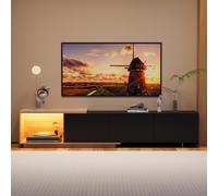 MGMYM Mueble de TV bajo de 163 cm a 240 cm con iluminación, mueble de televisión con 3 cajones, soporte para TV extensible, muebles de salón, color negro brillante y grano de madera natural, 240 x 38