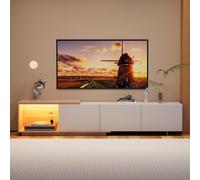 MGMYM Mueble de TV bajo de 163 cm a 240 cm con iluminación, mueble de televisión con 3 cajones, soporte para TV extensible, mueble de salón, color blanco brillante y grano de madera natural, 240 x 38