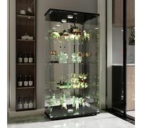 MGMYM Vitrina de cristal espejo, 164 x 80,5 x 36,5 cm, vitrina de exposición LED, vitrina de salón con 4 estantes de cristal con 2 puertas y cerradura (negro/LED/espejo, 4 capas, 2 puertas)