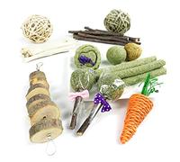 MHADBKH 10 modelos masticables para golosinas de heno para limpieza de dientes de animales pequeños, bloques de madera colgantes, bolas de timoteo para conejos y jerbos