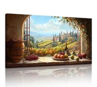 MHARTK66 Cuadro Paisaje Vitícola, 59x119 cm XXL Lienzos Decorativos con Ventana Frutas y Copas de Vino, Decoración de Estilo Toscano y Rústico para Salón Comedor Dormitorio Pasillo Baño Oficina
