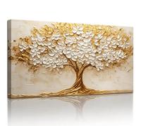 MHARTK66 Cuadros Decoración Salon, 73x146 cm XXL Árbol Dorado con Flores Blancas Decorativas Pared Dormitorios, Lienzos Decorativos Pared Árbol Dorado de la Vida, Modernos Wall Art Comedor Pasillo