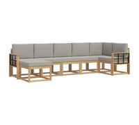 Mhdvray Juego de 7 sofás de exterior de madera de acacia, modular, juego de salón de jardín con cojines para terraza, sofá esquinero en blanco y gris claro, 306 x 128,5 x 73 cm