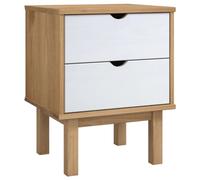 Mhdvray Mesita de noche OTTA marrón y blanco, 45 x 39 x 57 cm, madera maciza de pino, moderna mesa auxiliar con 2 cajones y 4 patas de madera, consola escandinava para dormitorio y salón