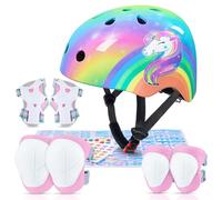 MHJY Casco Bicicleta Niño Casco de Bici Edad 3-8 Años Rodilleras y Coderas de Unicornio Equipo de Protección Ajustable con Pegatinas DIY para Niñas Ciclismo, Skate, Patinete, Patines