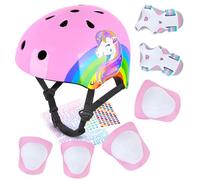 MHJY Casco Bicicleta Niño Casco de Bici Edad 3-8 Años Rodilleras y Coderas de Unicornio Equipo de Protección Ajustable con Pegatinas DIY para Niñas Ciclismo, Skate, Patinete, Patines