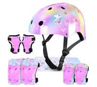 MHJY Casco Bicicleta Niño con Pegatinas DIY para Niñas Casco de Bici Edad 3-8 Años Rodilleras y Coderas de Unicornio Equipo de Protección Ajustable para Ciclismo, Skate, Patinete, Patines